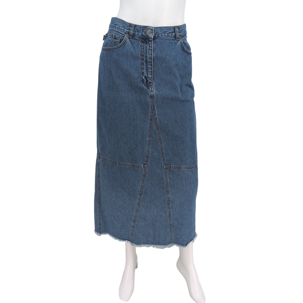 Vtg Lauren Jeans Ralph Lauren Denim Midi Skirt Y2K Raw Hem Western Minimalist 12
